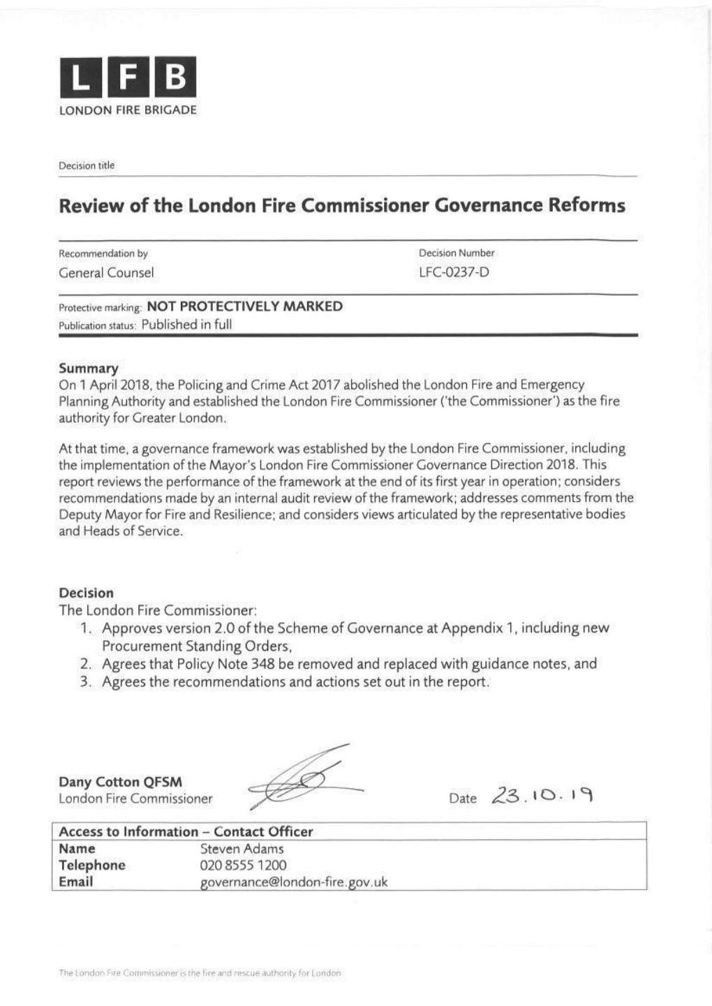 London Fire Commissioner Scheme Of