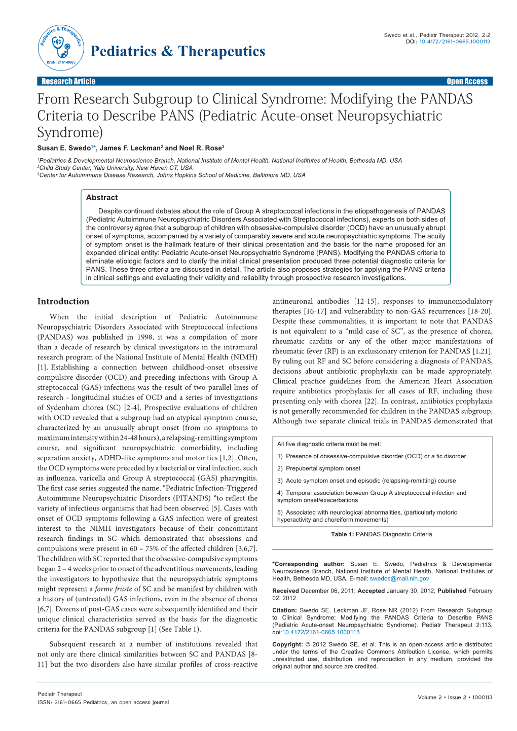 Modifying the PANDAS Criteria to Describe PANS (Pediatric Acute-Onset Neuropsychiatric Syndrome) Susan E