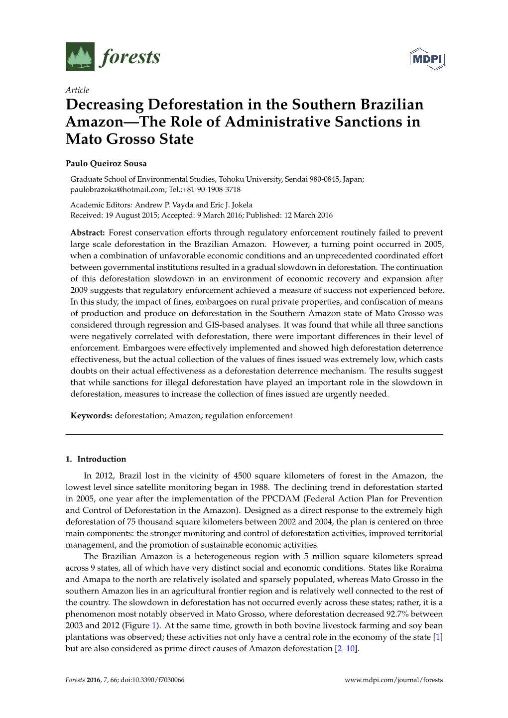 Decreasing Deforestation in the Southern Brazilian Amazon—The Role of Administrative Sanctions in Mato Grosso State