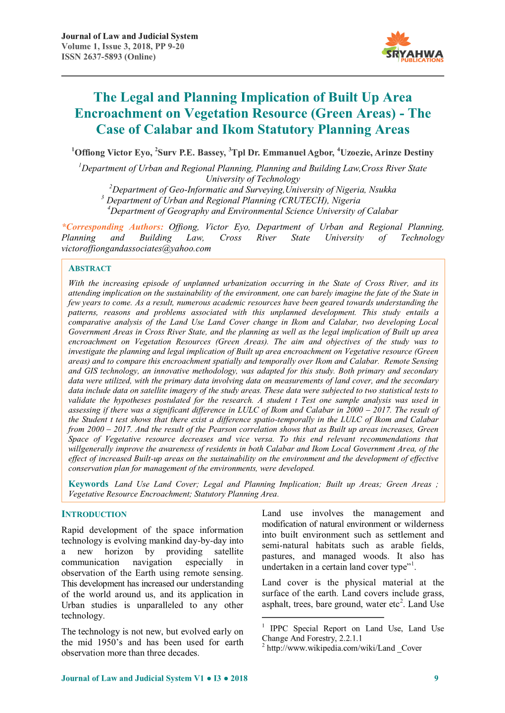 The Case of Calabar and Ikom Statutory Planning Areas