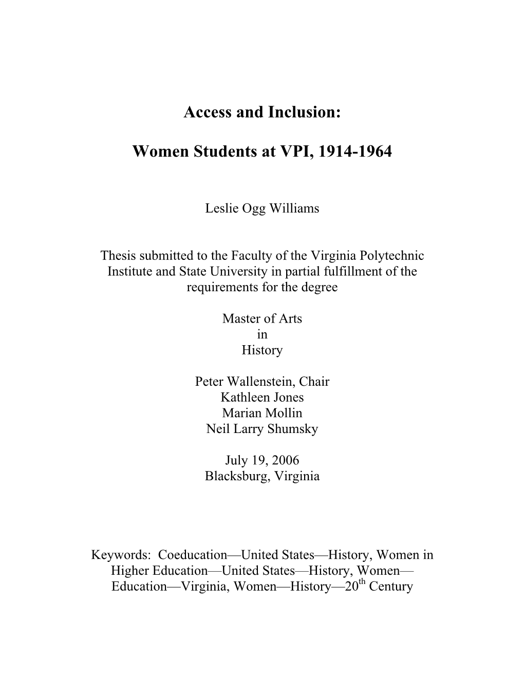 Access and Inclusion: Women Students at VPI, 1914-1964