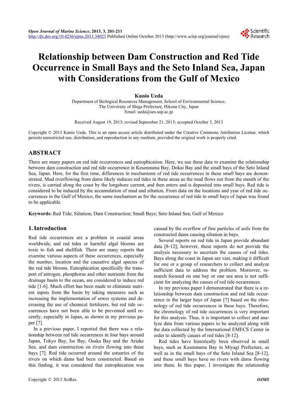 Relationship Between Dam Construction and Red Tide Occurrence in Small Bays and the Seto Inland Sea, Japan with Considerations from the Gulf of Mexico