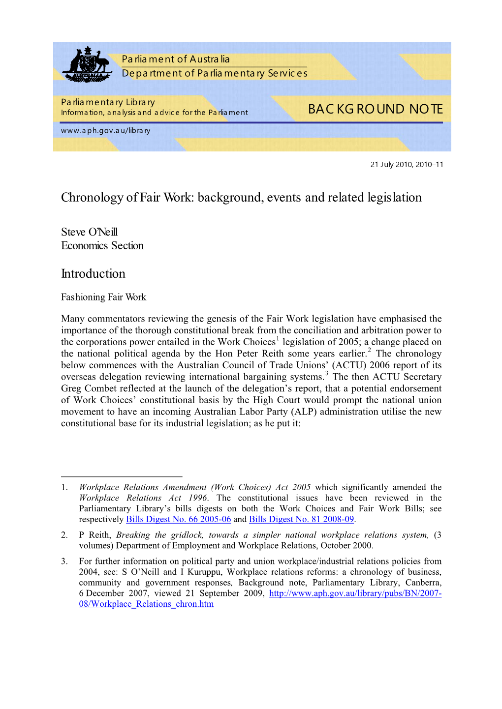 Chronology of Fair Work: Background, Events and Related Legislation