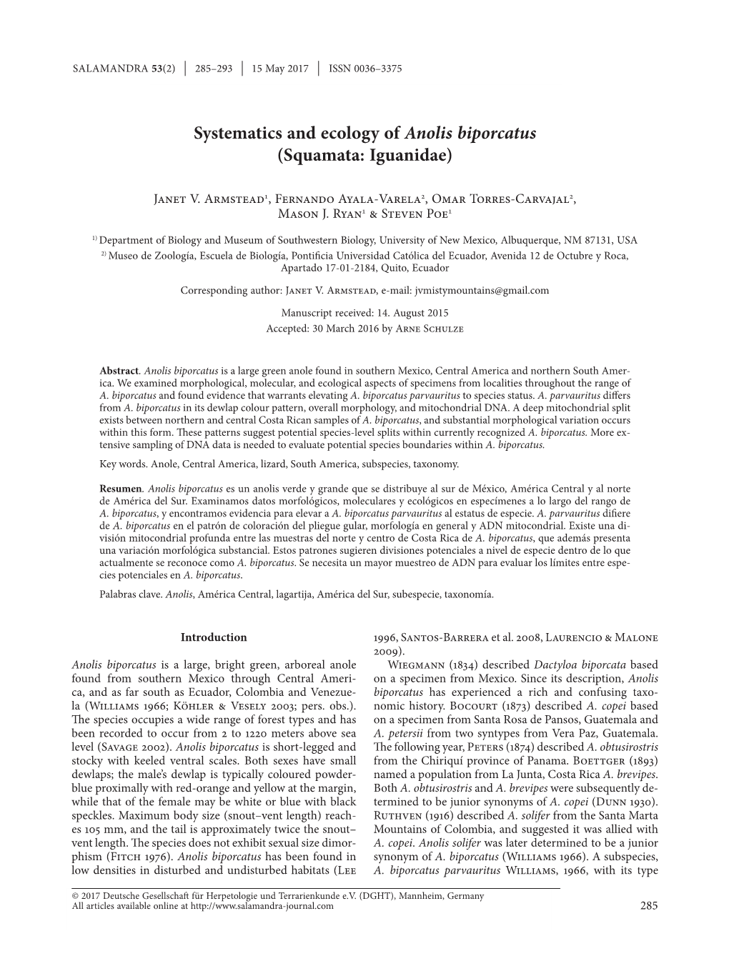 Systematics and Ecology of Anolis Biporcatus (Squamata: Iguanidae)