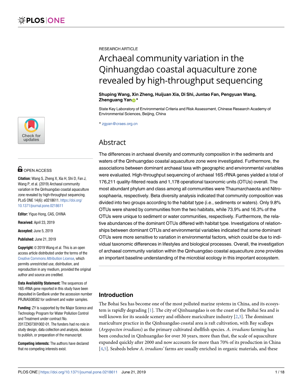 Archaeal Community Variation in the Qinhuangdao Coastal Aquaculture Zone Revealed by High-Throughput Sequencing