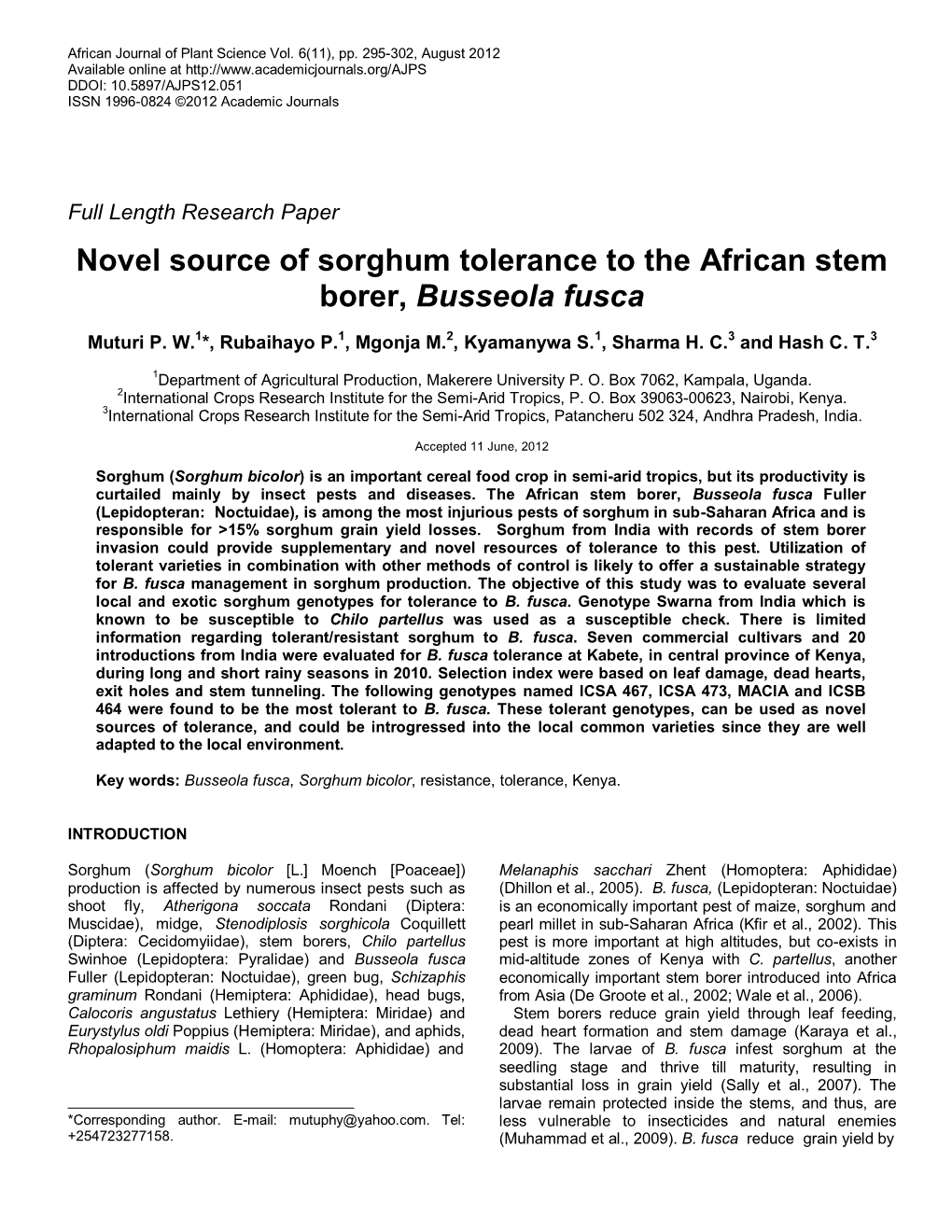 Novel Source of Sorghum Tolerance to the African Stem Borer, Busseola Fusca