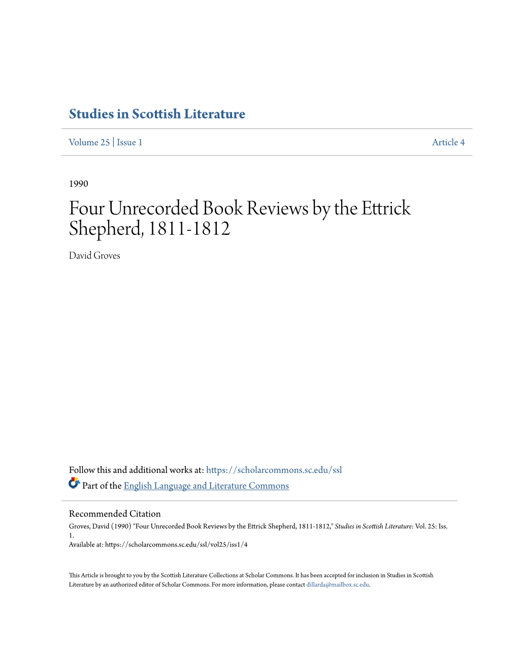 Four Unrecorded Book Reviews by the Ettrick Shepherd, 1811-1812 David Groves