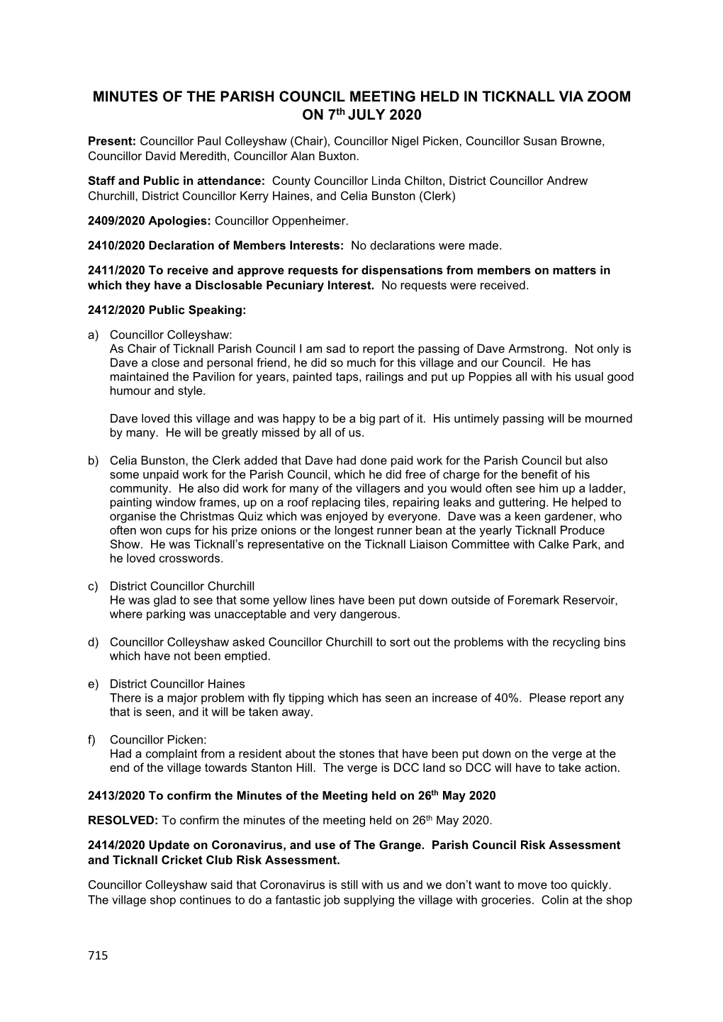 MINUTES of the PARISH COUNCIL MEETING HELD in TICKNALL VIA ZOOM on 7Th JULY 2020