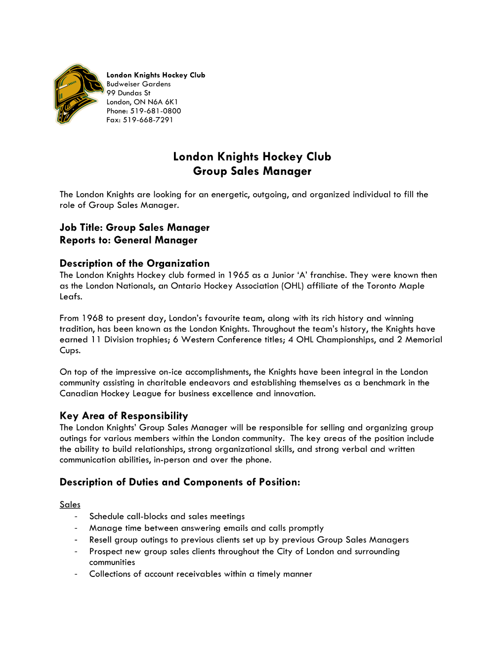 London Knights Hockey Club Group Sales Manager