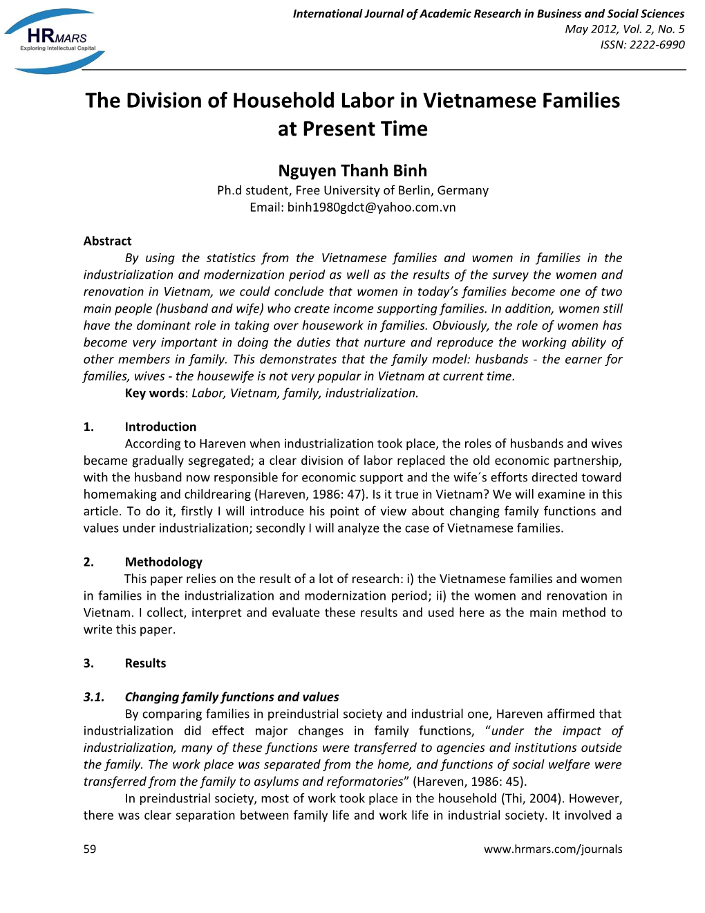 The Division of Household Labor in Vietnamese Families at Present Time