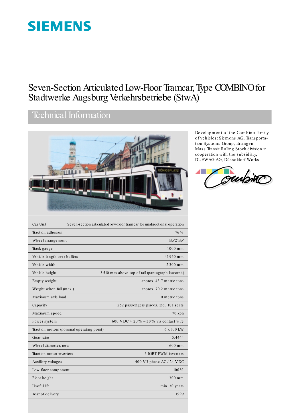 Seven-Section Articulated Low-Floor Tramcar, Type COMBINO for Stadtwerke Augsburg Verkehrsbetriebe (Stwa) Technical Information