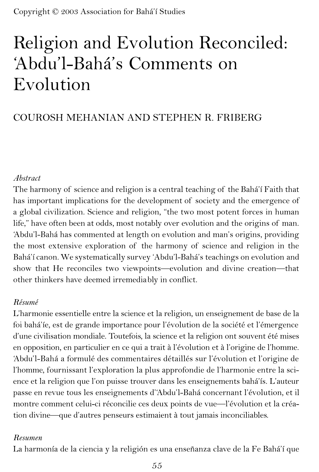 Religion and Evolution Reconciled: ‘Abdu’L-Bahá’S Comments on Evolution