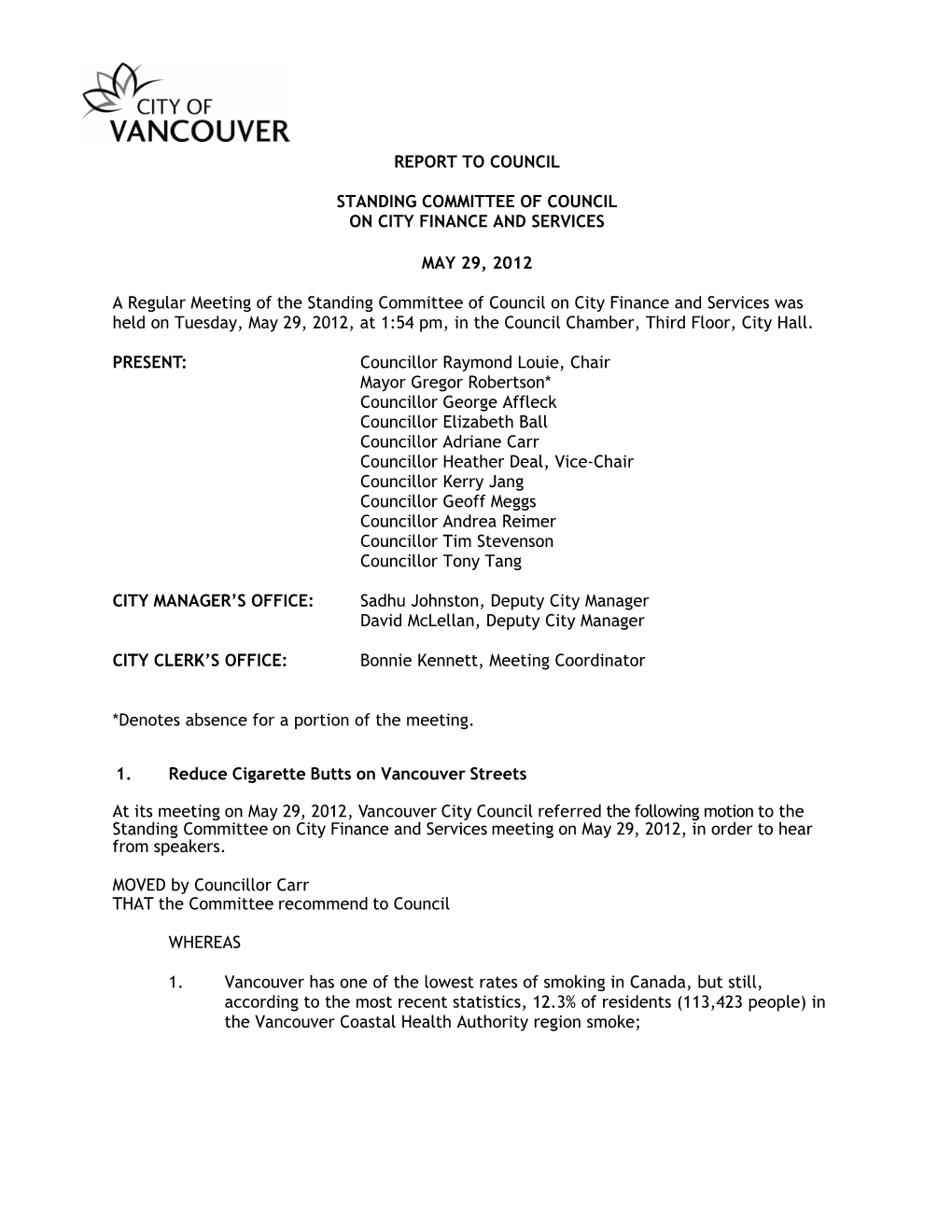 Regular Council (City Finance and Services) – May 29, 2012