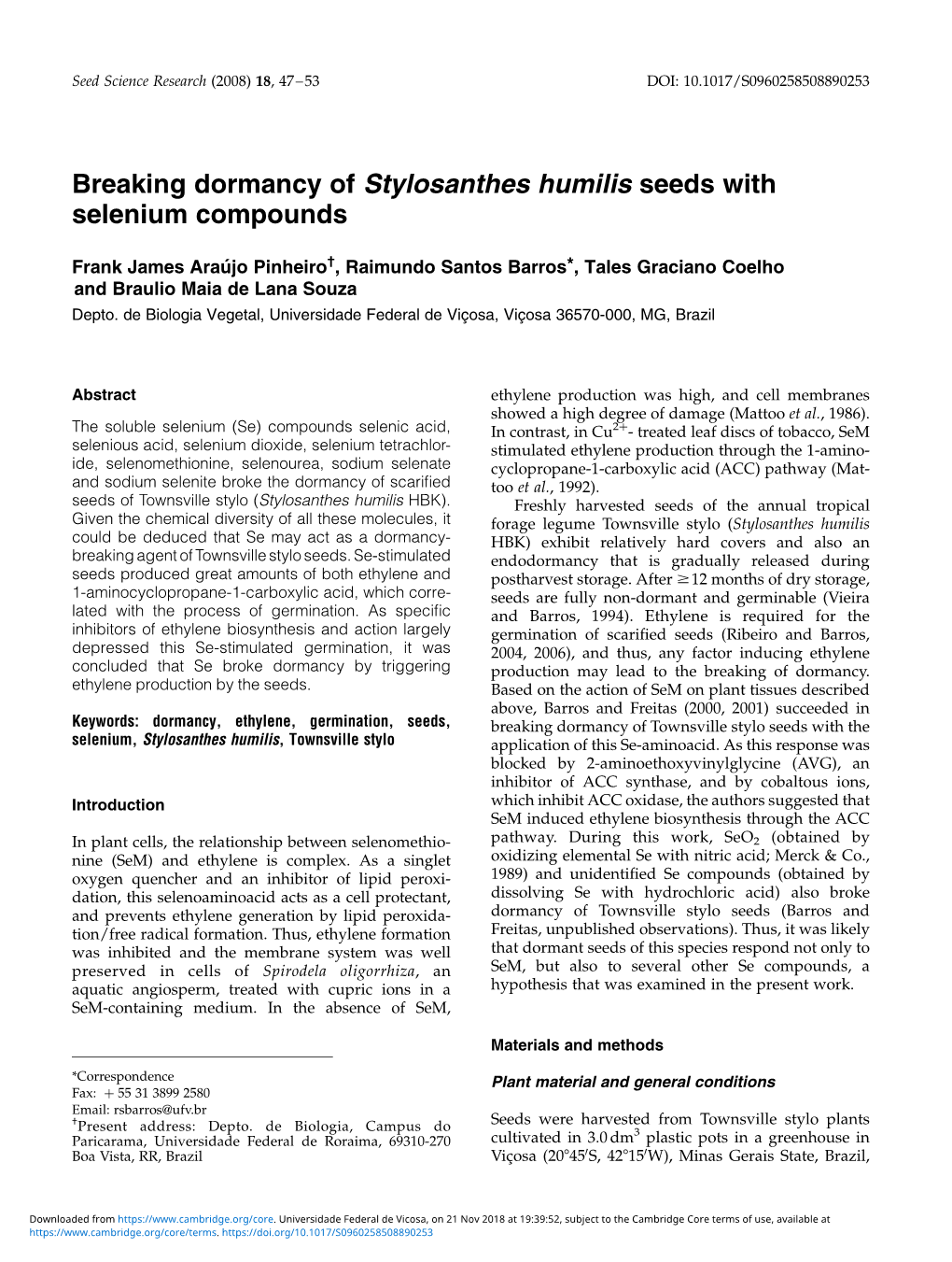 Breaking Dormancy of Stylosanthes Humilis Seeds with Selenium Compounds