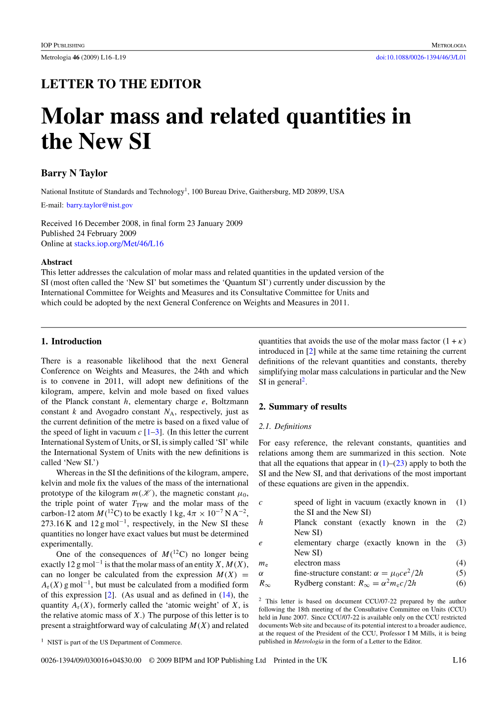 LETTER to the EDITOR Molar Mass and Related Quantities in the New SI