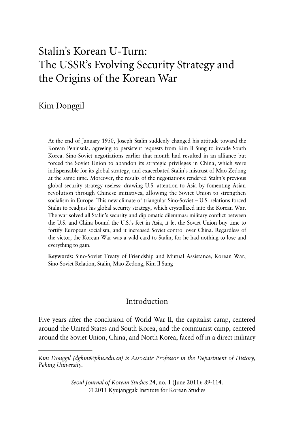 Stalin's Korean U-Turn: the USSR's Evolving Security Strategy and The