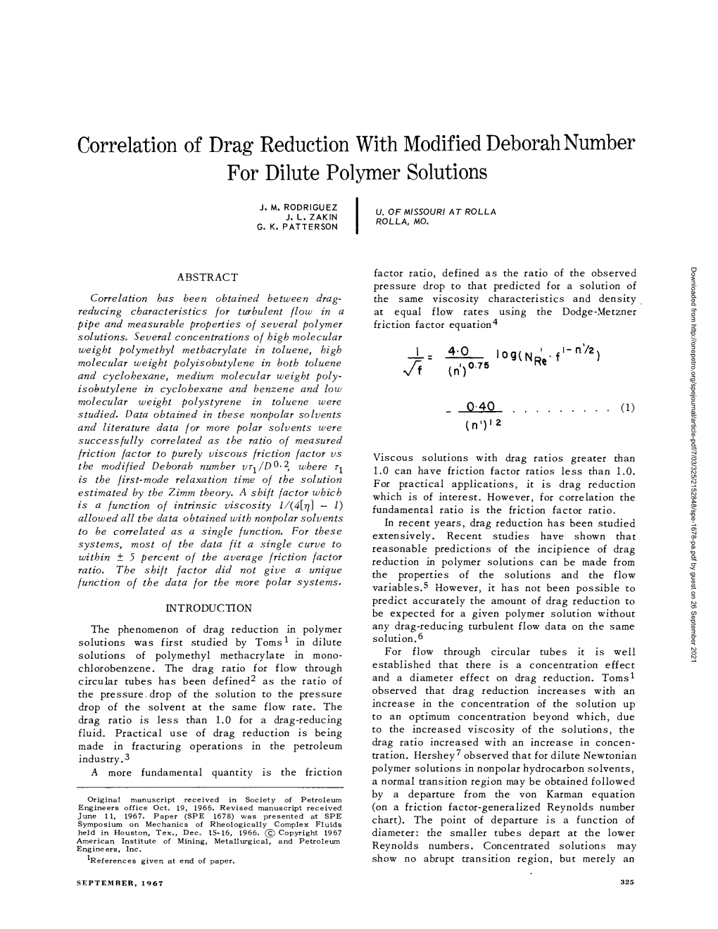 Correlation of Drag Reduction with Modified Deborah Number for Dilute Polymer Solutions