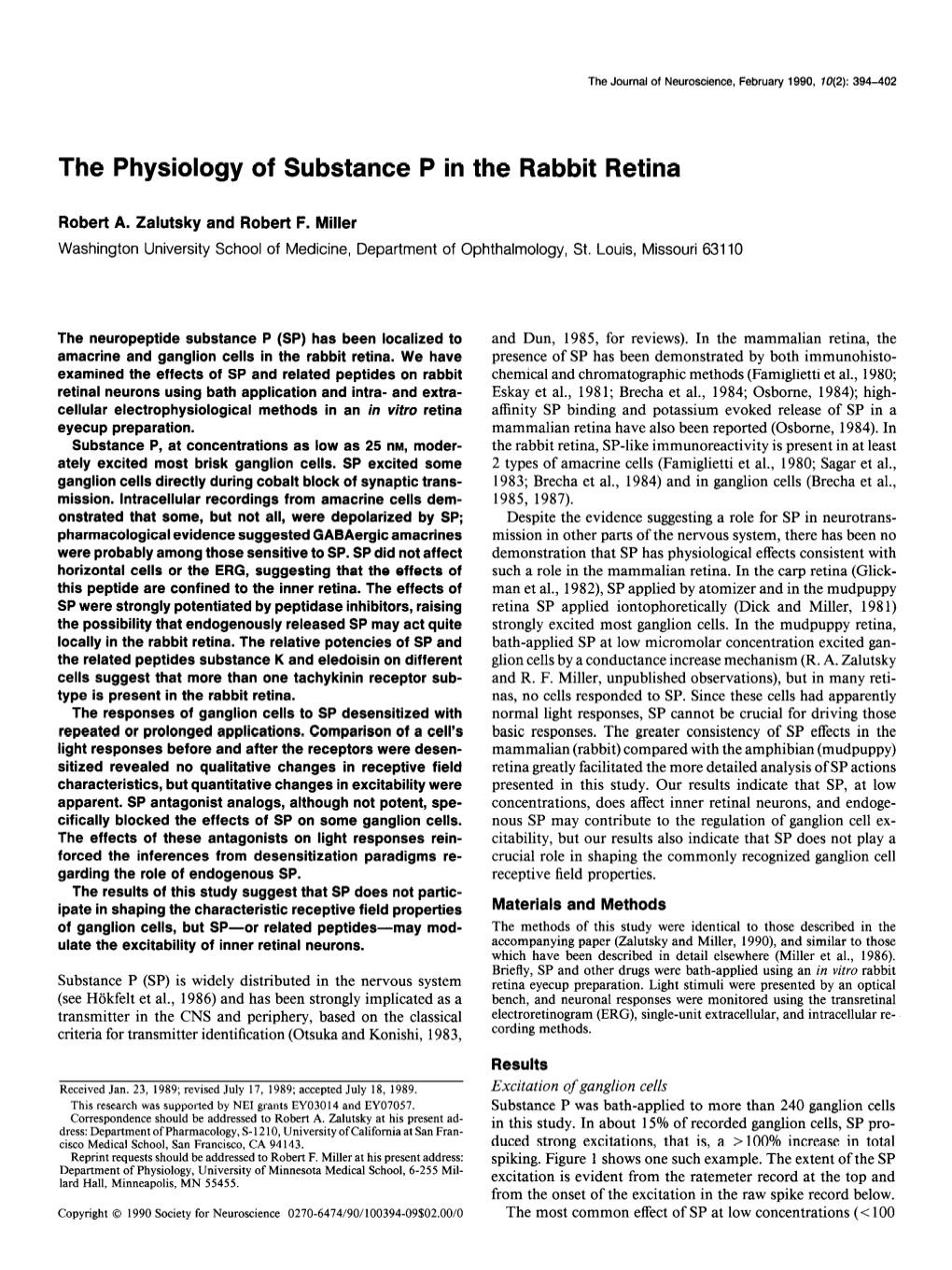 The Physiology of Substance P in the Rabbit Retina