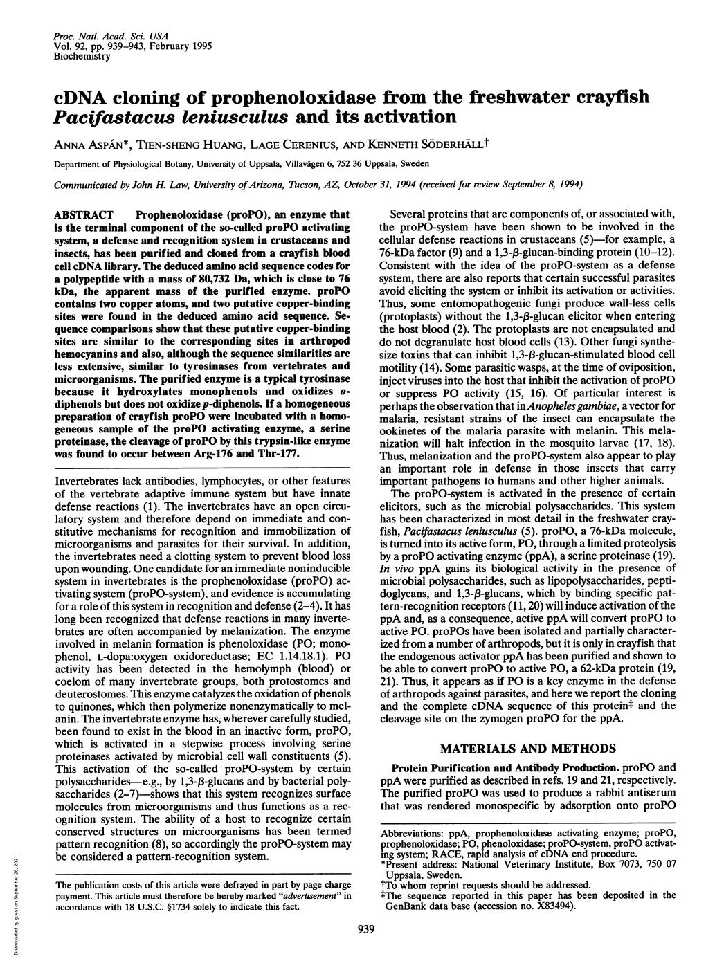 Pacifastacus Leniusculus and Its Activation