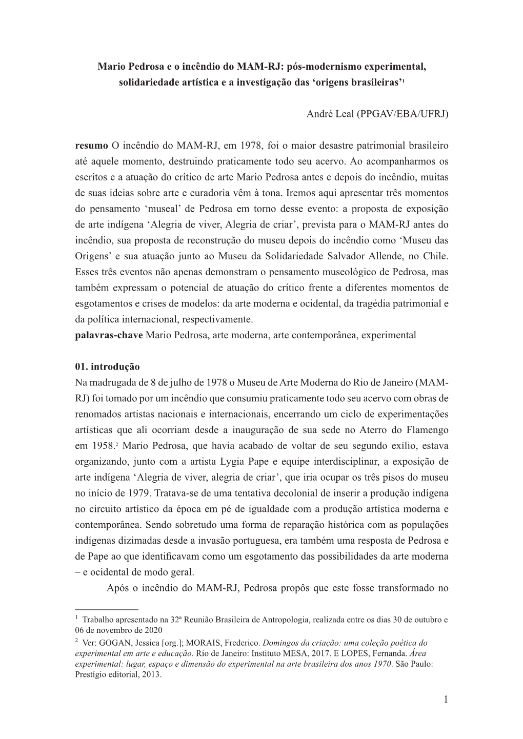 1 Mario Pedrosa E O Incêndio Do MAM-RJ: Pós-Modernismo Experimental