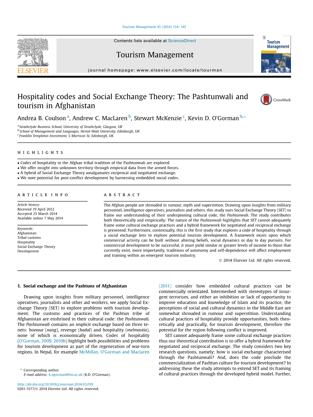 Hospitality Codes and Social Exchange Theory: the Pashtunwali and Tourism in Afghanistan