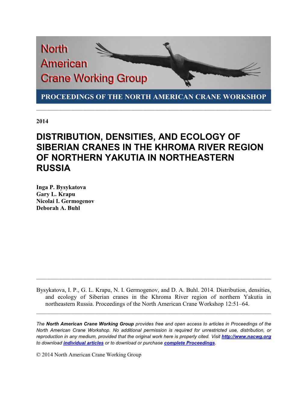 Distribution, Densities, and Ecology of Siberian Cranes in the Khroma River Region of Northern Yakutia in Northeastern Russia