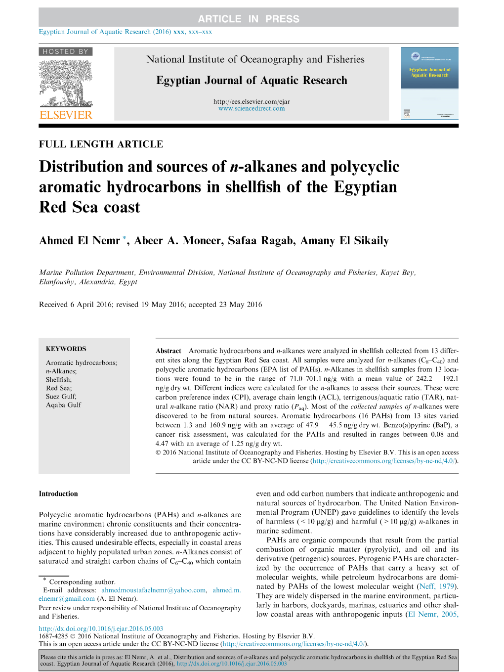 Distribution and Sources of N-Alkanes and Polycyclic Aromatic Hydrocarbons in Shellfish of the Egyptian Red Sea Coast