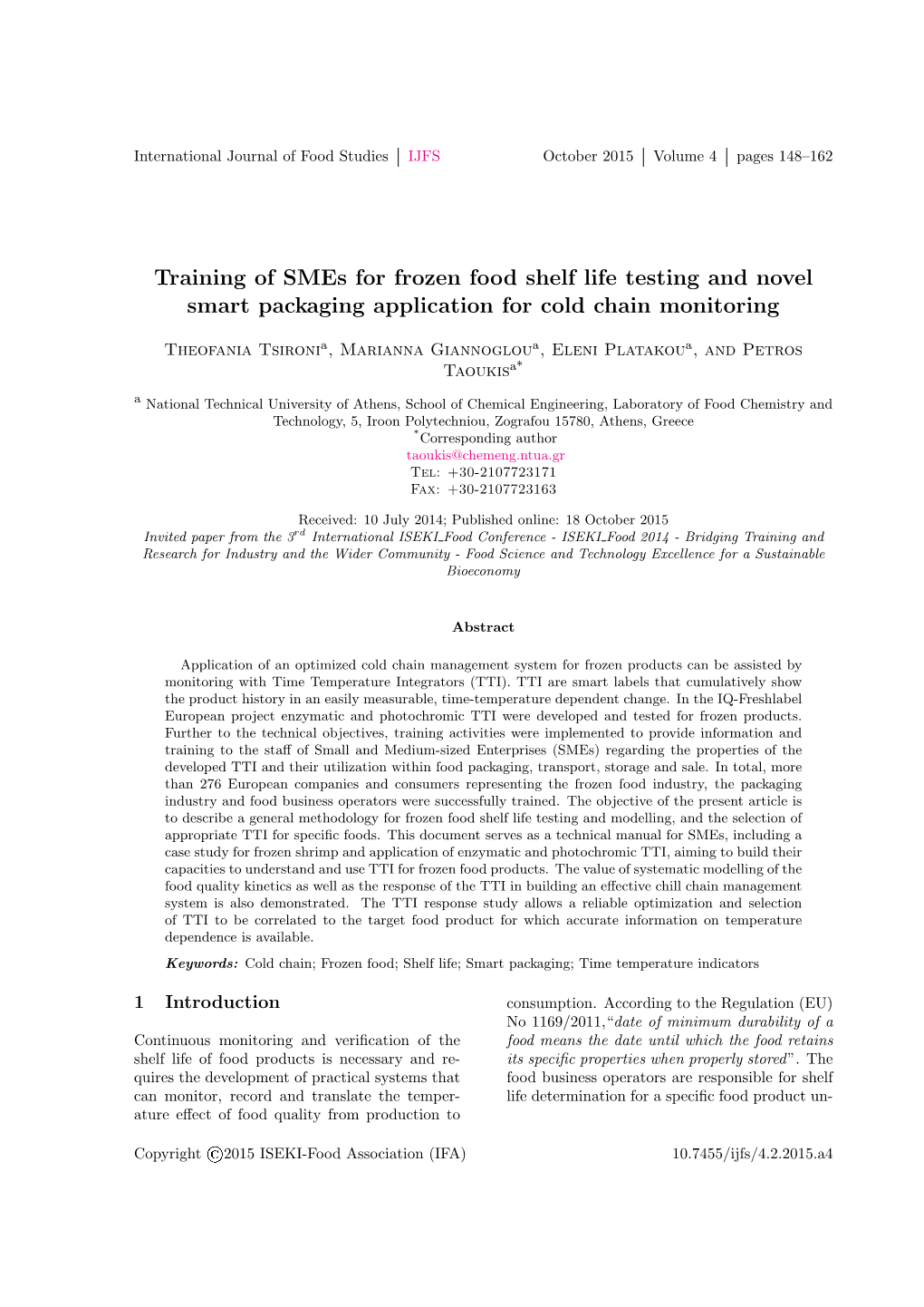 Training of Smes for Frozen Food Shelf Life Testing and Novel Smart Packaging Application for Cold Chain Monitoring