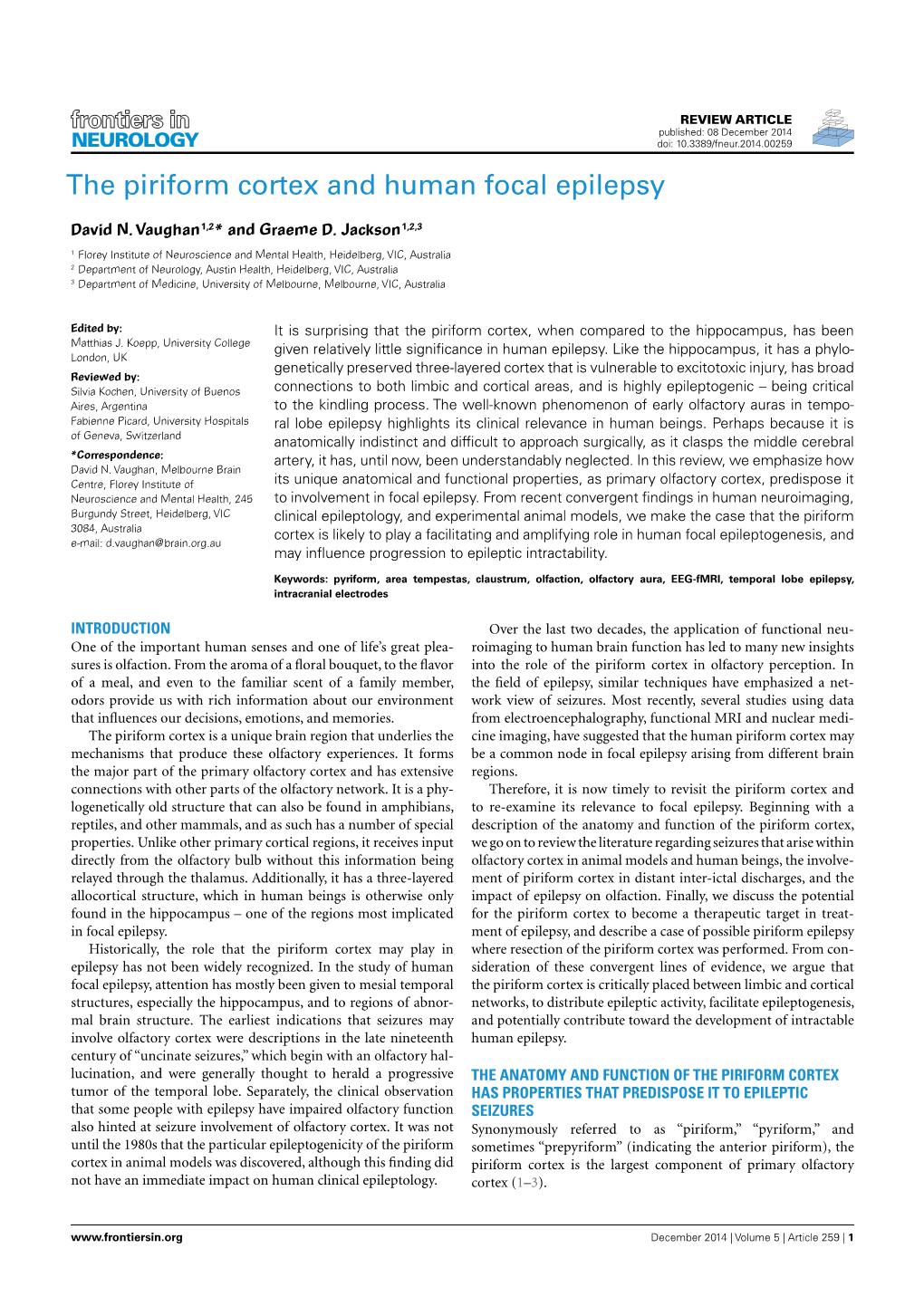 The Piriform Cortex and Human Focal Epilepsy