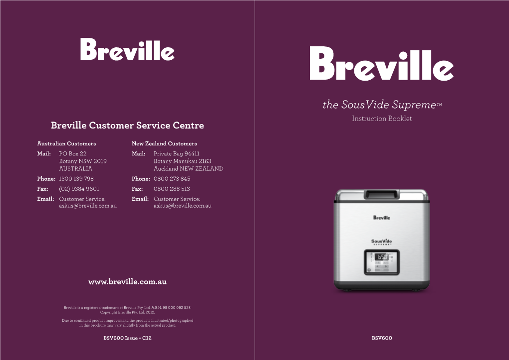 The Sousvide Supreme™ Instruction Booklet Breville Customer Service Centre