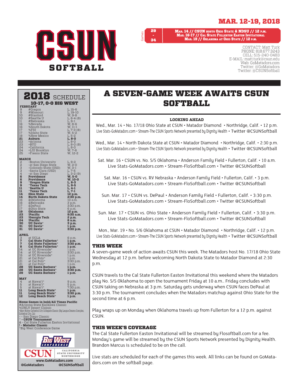 A Seven-Game Week Awaits Csun Softball