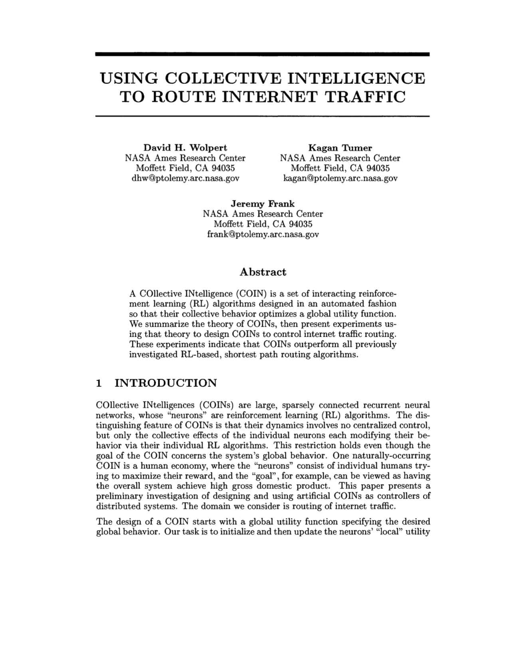 Using Collective Intelligence to Route Internet Traffic