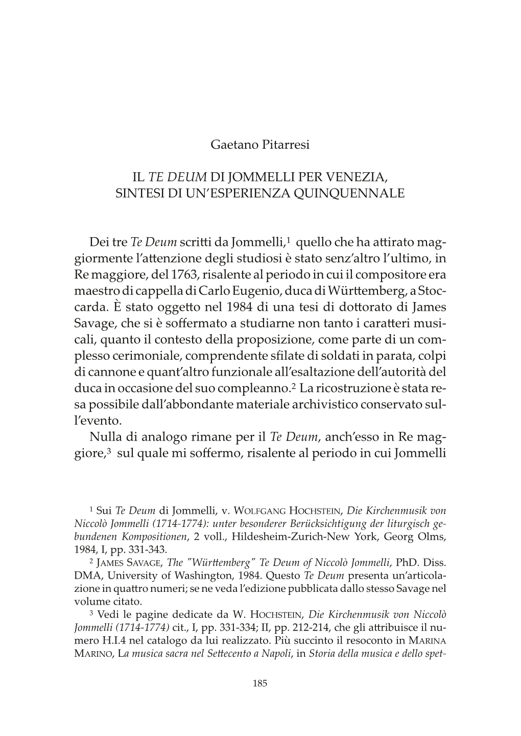 Il Te Deum Di Jommelli Per Venezia, Sintesi Di Una Esperienza