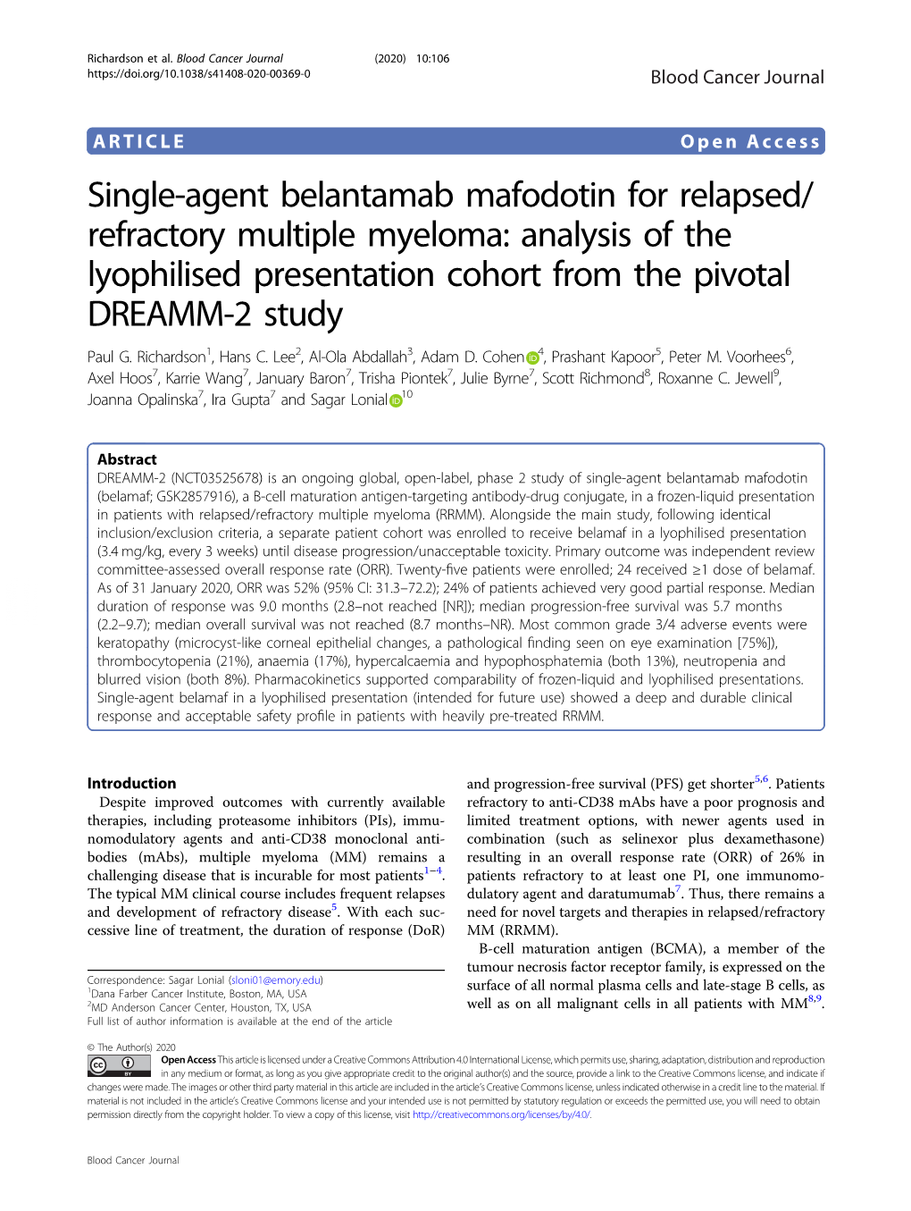 Single-Agent Belantamab Mafodotin for Relapsed/Refractory