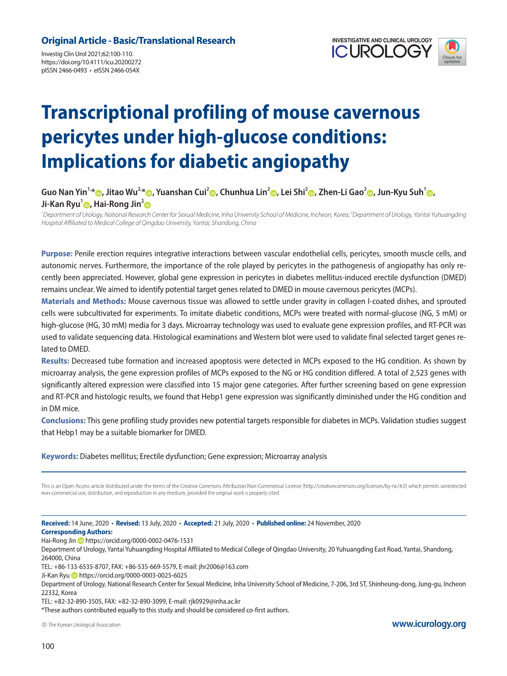 Transcriptional Profiling of Mouse Cavernous Pericytes Under High-Glucose Conditions: Implications for Diabetic Angiopathy