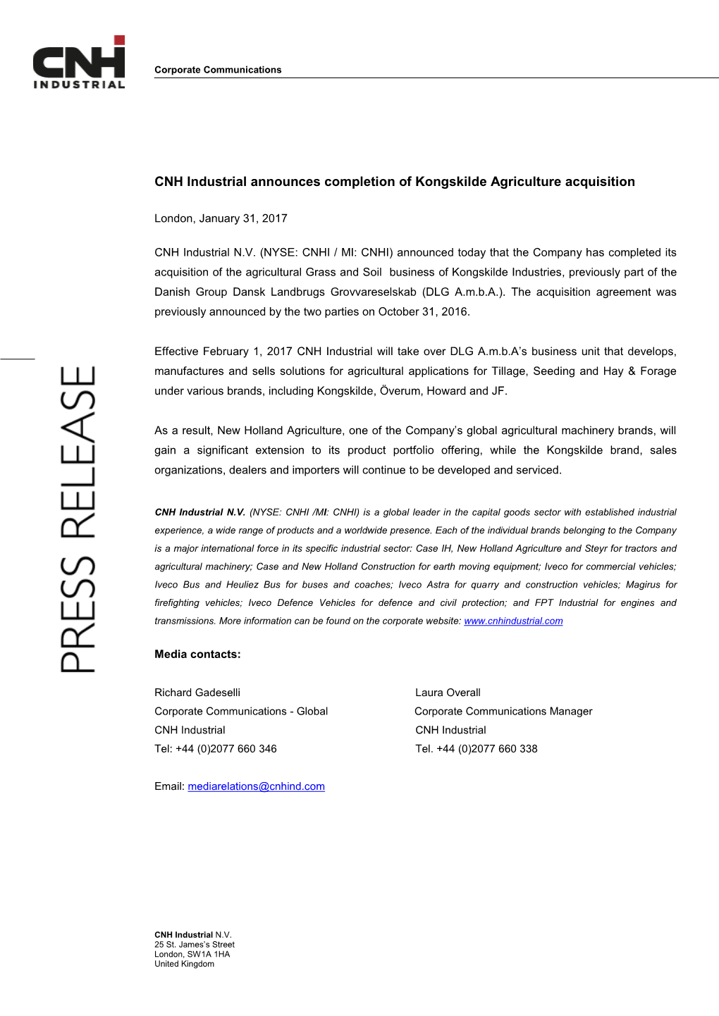 CNH Industrial Announces Completion of Kongskilde Agriculture Acquisition