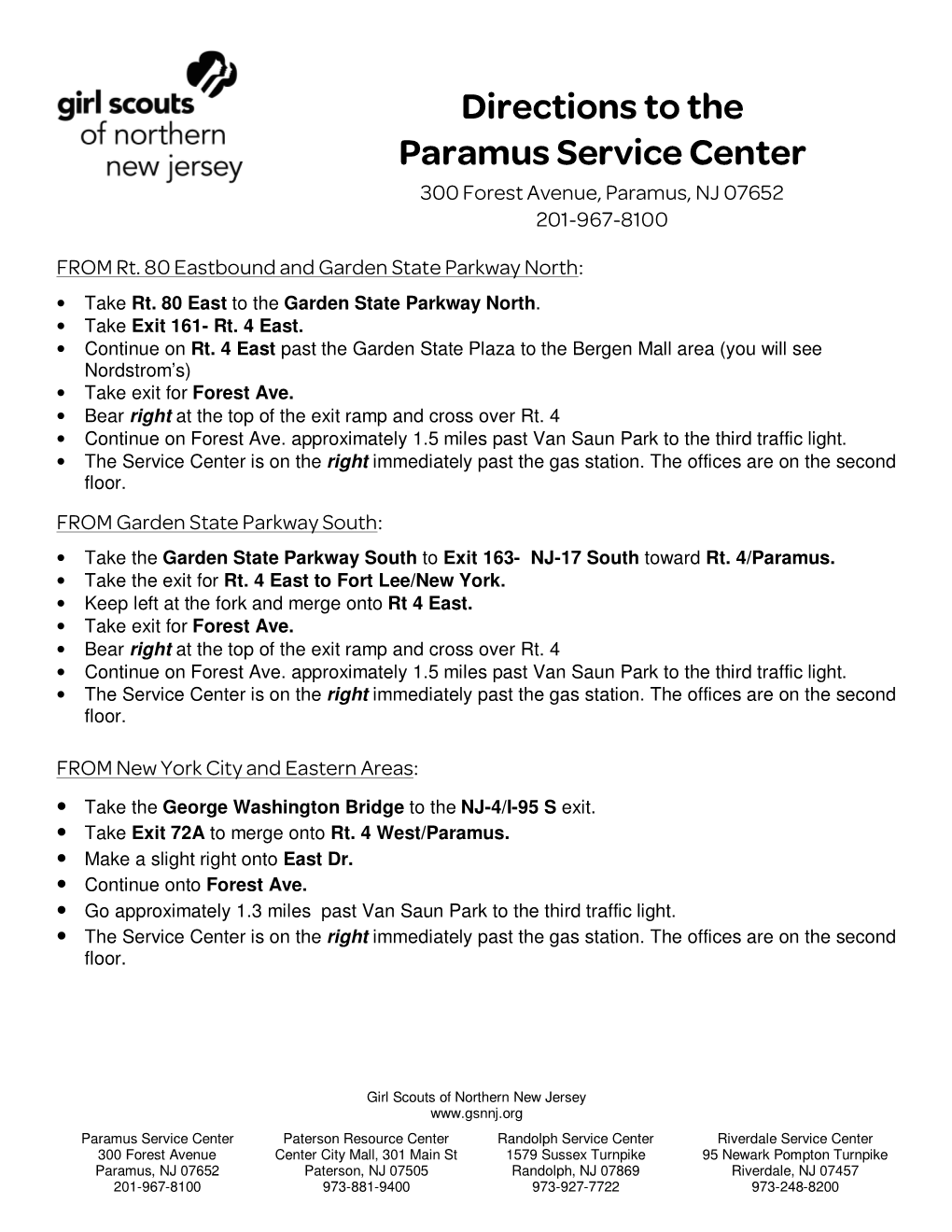 Directions to the Paramus Service Center 300 Forest Avenue, Paramus, NJ 07652 201-967-8100