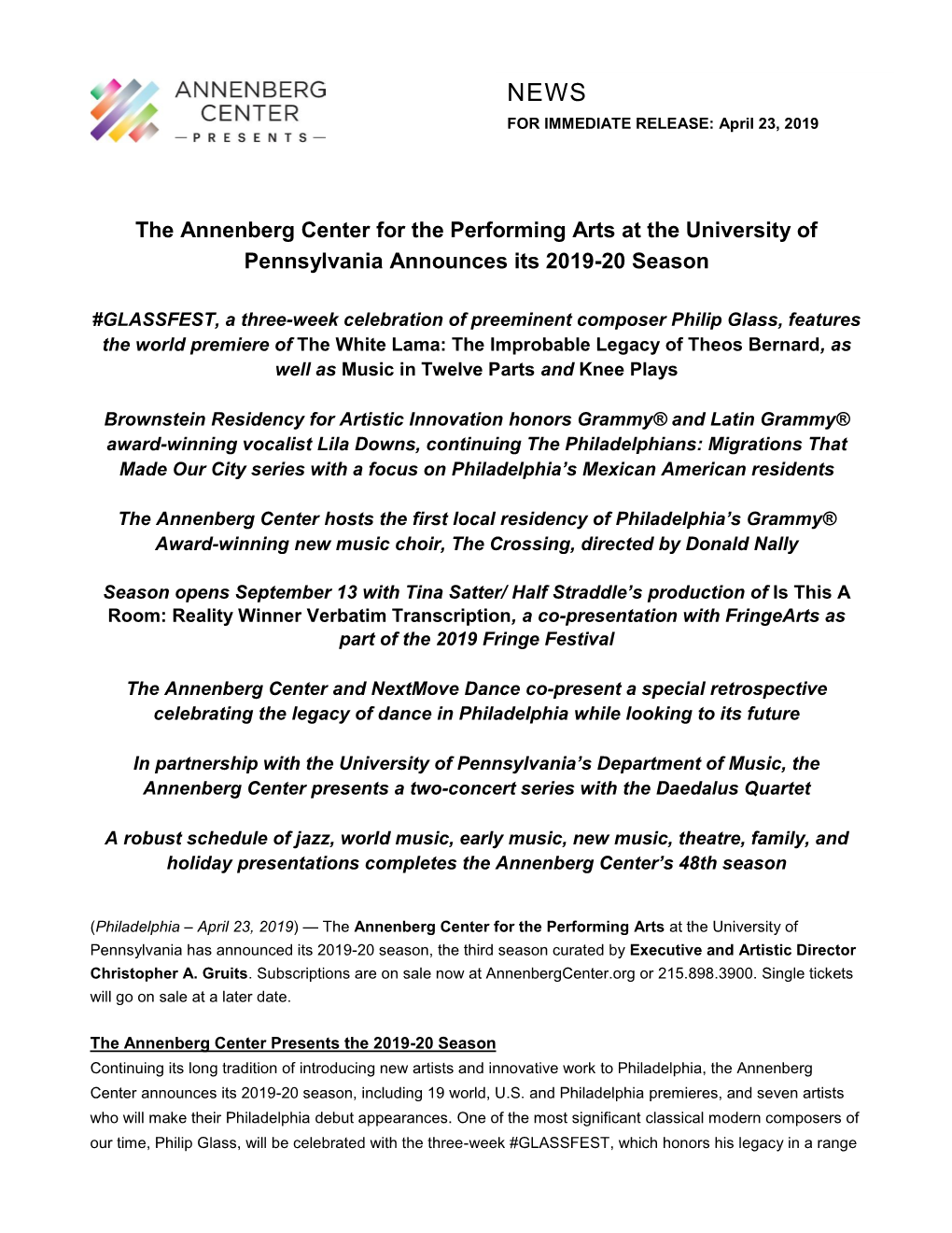 The Annenberg Center for the Performing Arts at the University of Pennsylvania Announces Its 2019-20 Season