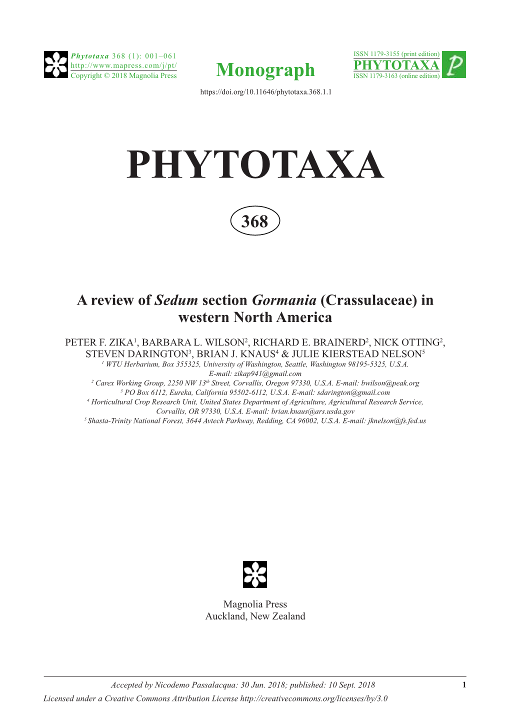 A Review of Sedum Section Gormania (Crassulaceae) in Western North America