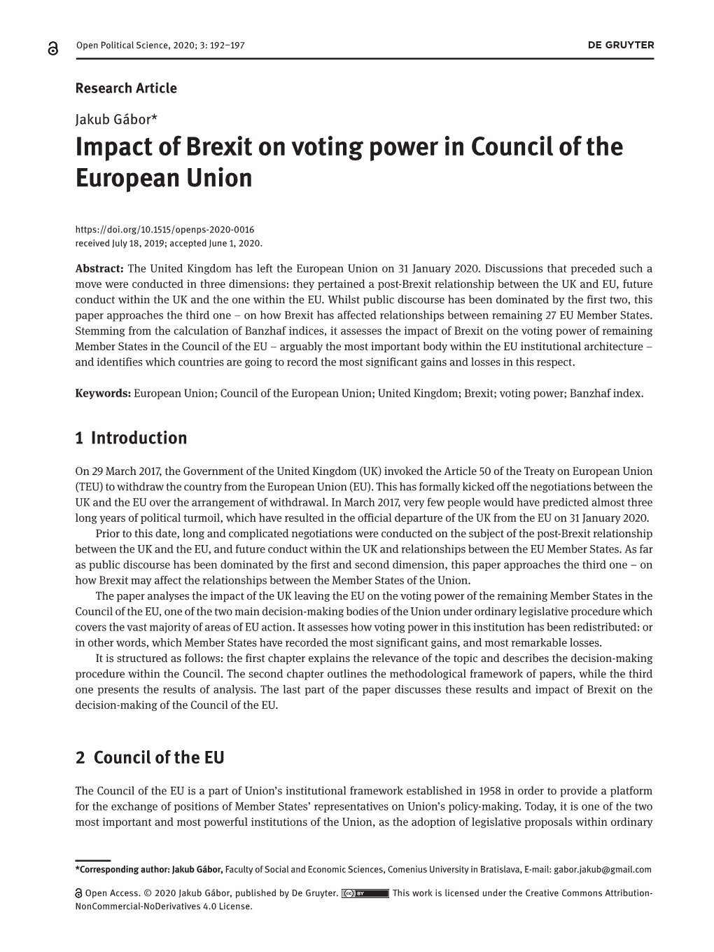 Impact of Brexit on Voting Power in Council of the European Union