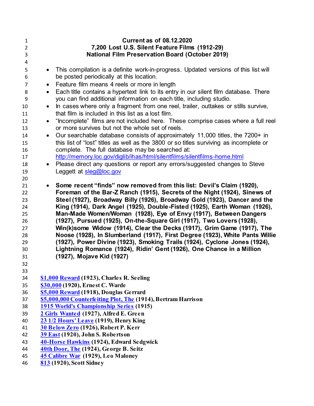 Current As of 08.12.2020 7,200 Lost U.S. Silent Feature Films (1912-29) National Film Preservation Board (October 2019) • This