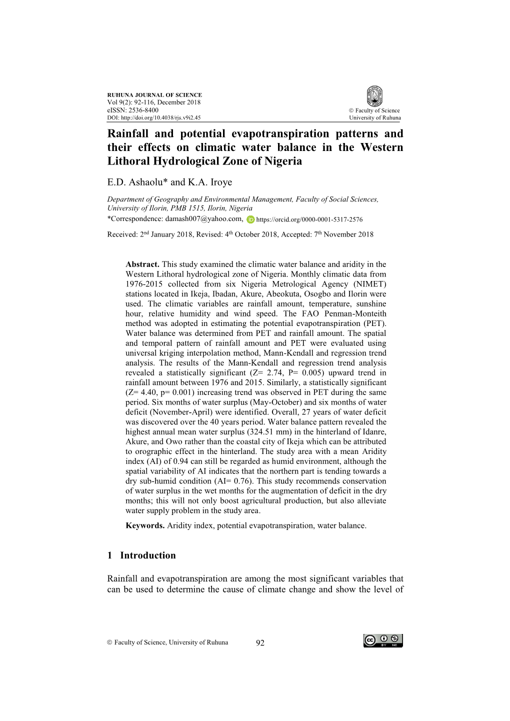Rainfall and Potential Evapotranspiration Patterns and Their Effects on ...