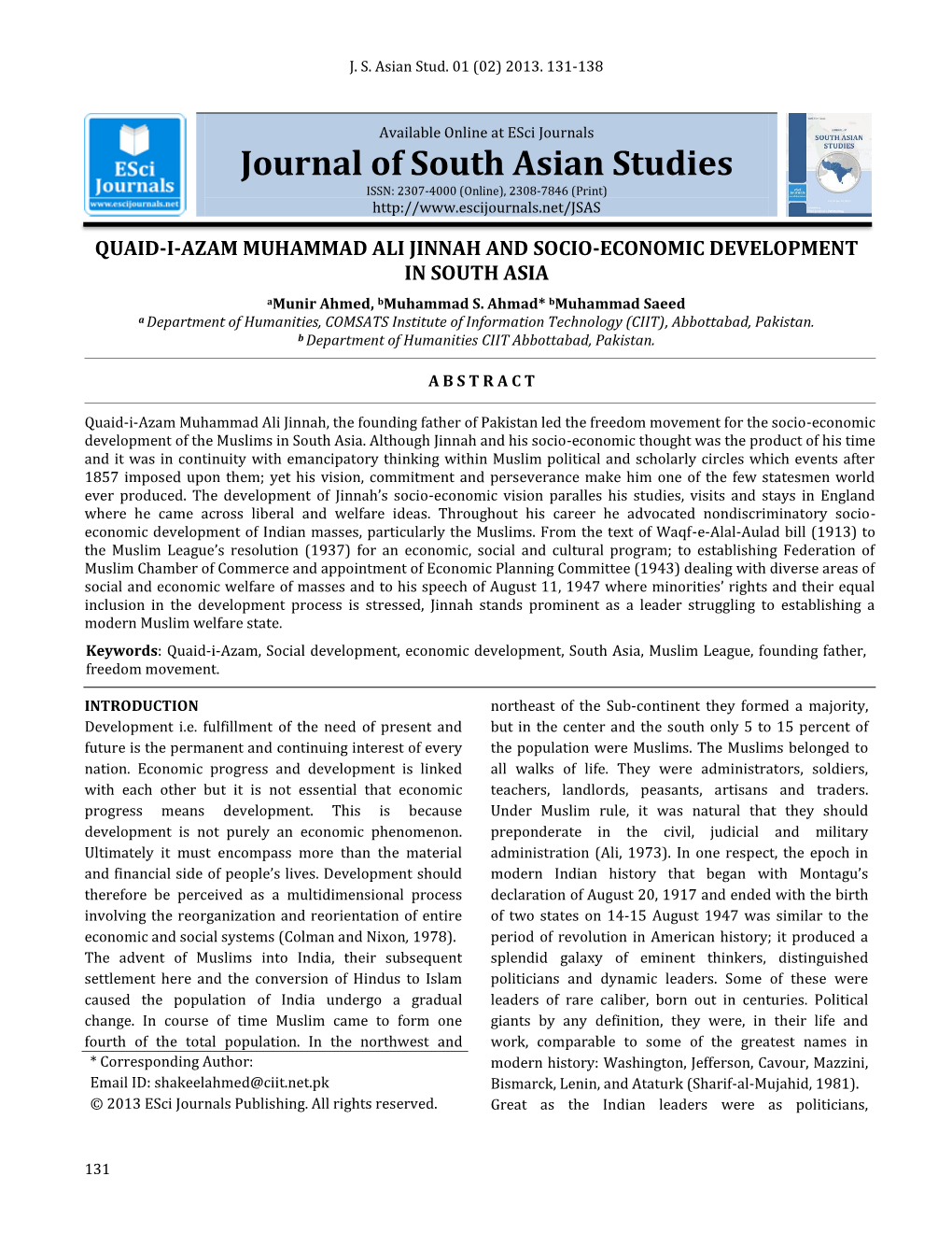 QUAID-I-AZAM MUHAMMAD ALI JINNAH and SOCIO-ECONOMIC DEVELOPMENT in SOUTH ASIA Amunir Ahmed, Bmuhammad S