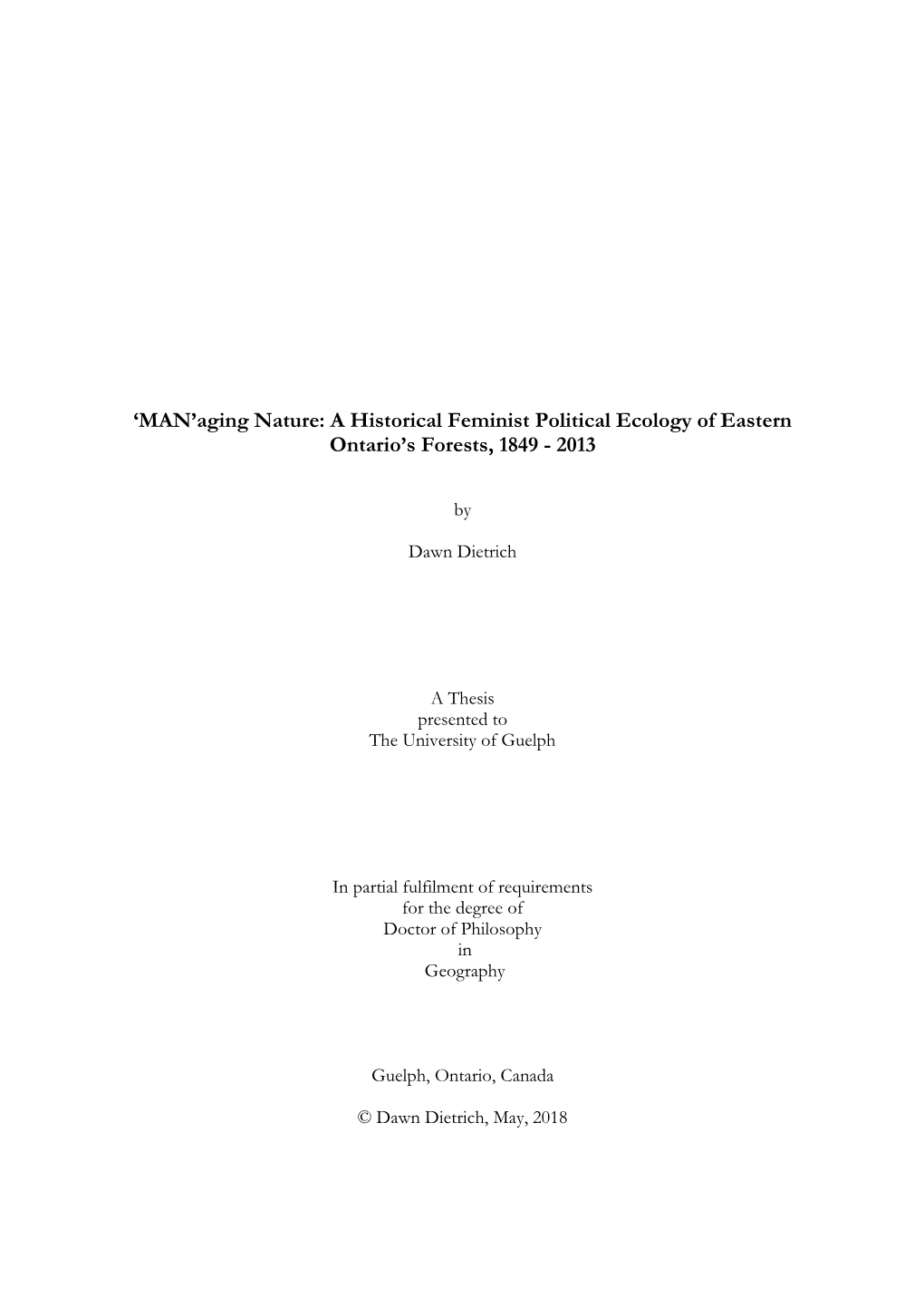 A Historical Feminist Political Ecology of Eastern Ontario's Forests, 1849