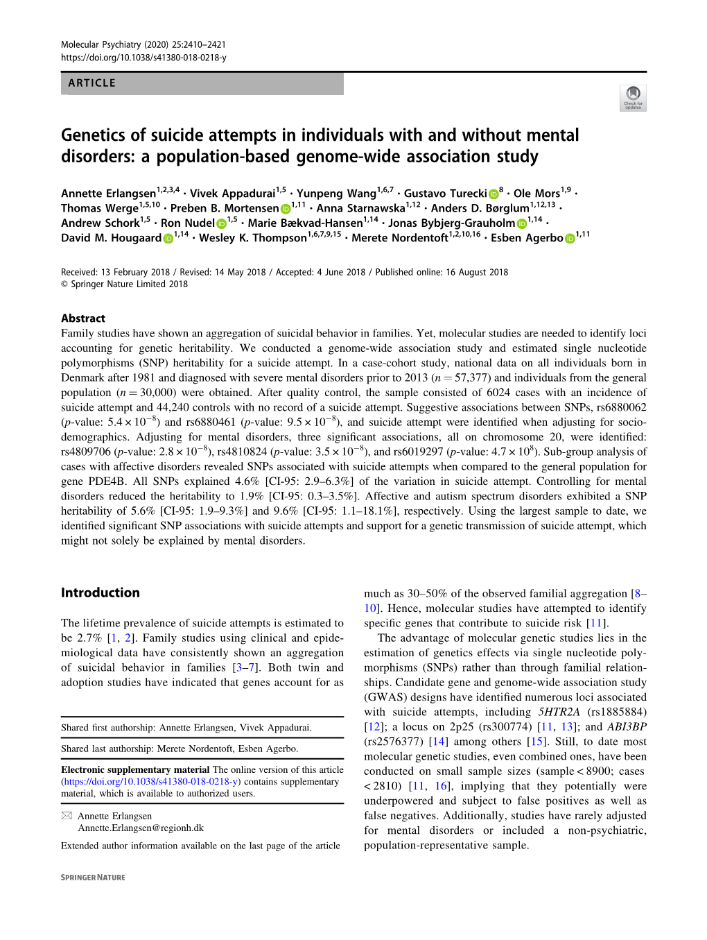 Genetics of Suicide Attempts in Individuals with and Without Mental Disorders: a Population-Based Genome-Wide Association Study