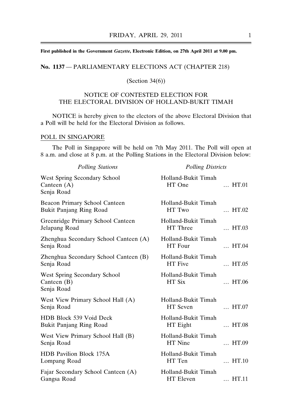 Notice of Contested Election for the Electoral Division of Holland-Bukit Timah