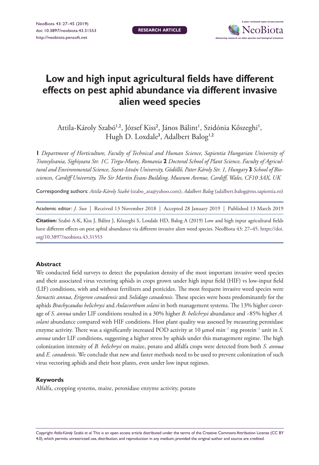 ﻿Low and High Input Agricultural Fields Have Different Effects on Pest Aphid
