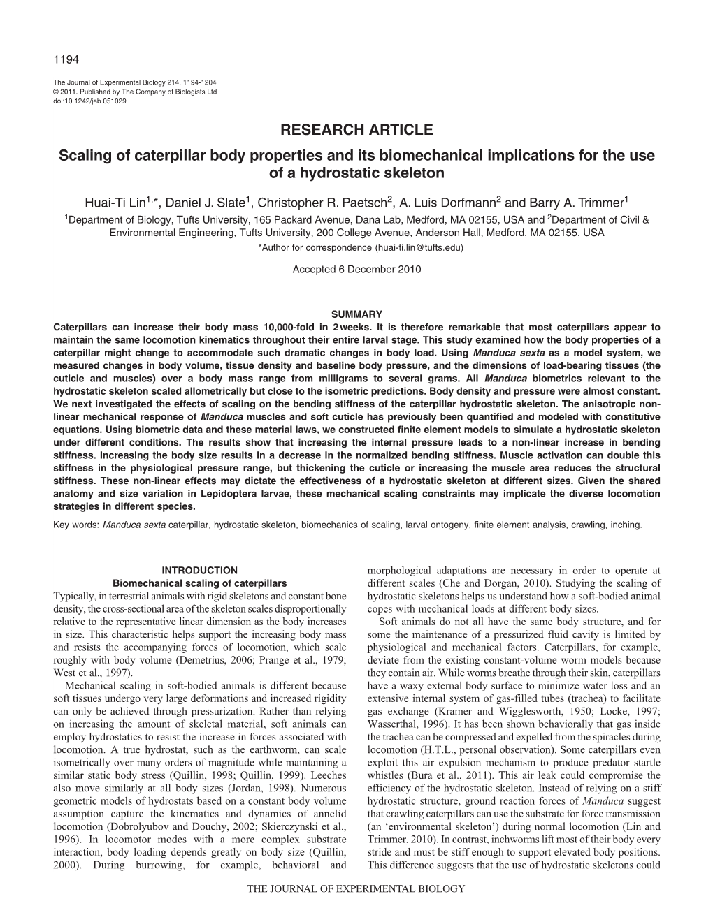 Scaling of Caterpillar Body Properties and Its Biomechanical Implications for the Use of a Hydrostatic Skeleton