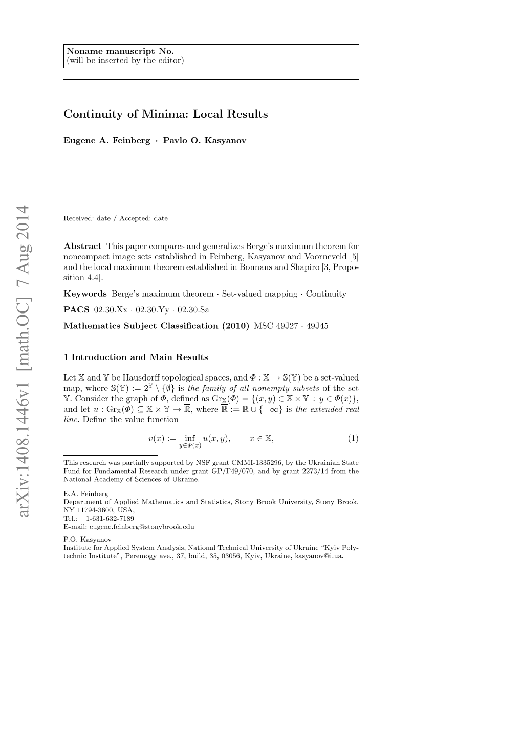 Arxiv:1408.1446V1 [Math.OC]