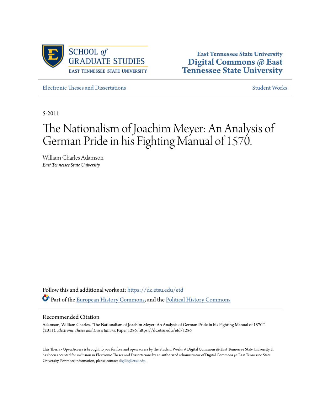 The Nationalism of Joachim Meyer: an Analysis of German Pride in His Fighting Manual of 1570 ______